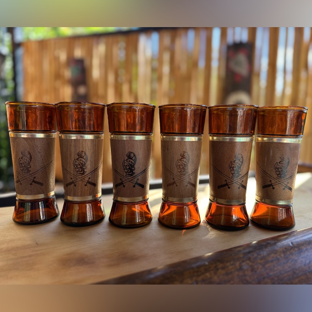 6 Pc Vintage Siesta Ware Tiki Conquistador Set Walnut Wrap Tumblers Benner Glass